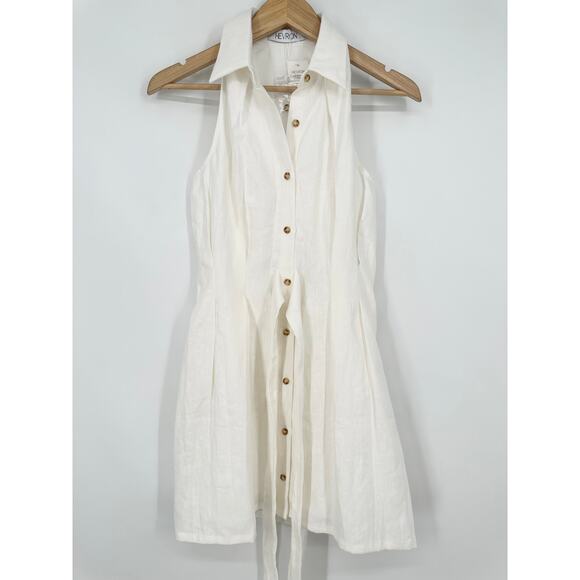 Hevron Domino Mini Dress 100% Linen Sleeveless Cut-Out Belted Shirtdress White - Picture 6 of 11